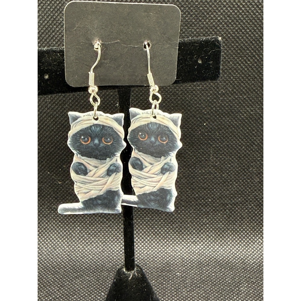 Mummy Black Cat Acrylic Drop Earrings Halloween Kitten Dangle Jewelry